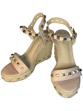7.5 Gold Studded Wedge Sandals Nude Pink Espadrille Shu Shop Chic Miami Vacation
